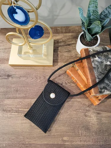 Vista 7 de Bolsa de tela tejida de ratán a mano para teléfono celular, bolsillo para tarjetas)