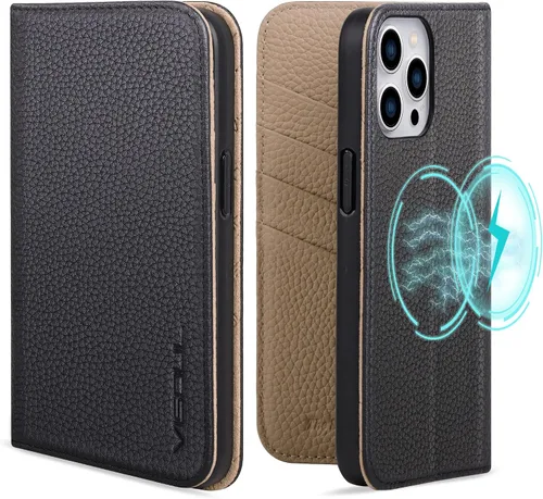 Vista 16 de VISOUL Pebbled - Funda de piel auténtica para iPhone 15 Pro Max con tarjetero y función atril magnético para iPhone 15 Pro Max (6.7 pulgadas)