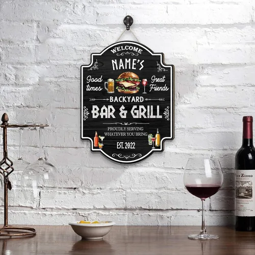 Vista 8 de Artsy Woodsy Letrero personalizado para bar y parrilla en el patio trasero (no tallado o neón), decoración de placa artística de pared, accesorios