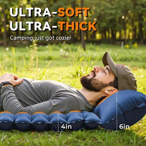 Vista 2 de Colchoneta para dormir, ultraligera e inflable para acampar con almohada con bomba de pie integrada, extra gruesa y compacta para acampar