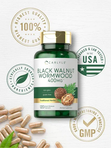 Vista 5 de Carlyle Wormwood Black Walnut 120 Cápsulas Complejo herbario Sin OMG, sin gluten