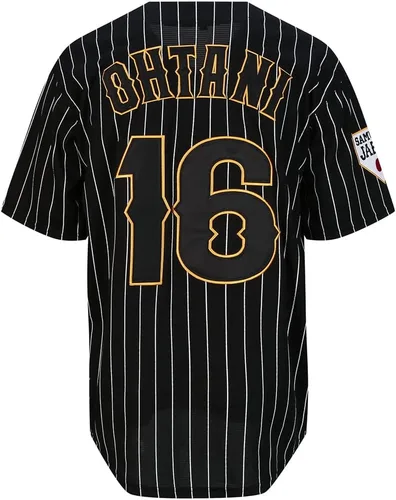 Vista 2 de Mens Ohtani 16# Stitched Japón Baseball Jerseys Blanco Negro Pinstriped Camisas