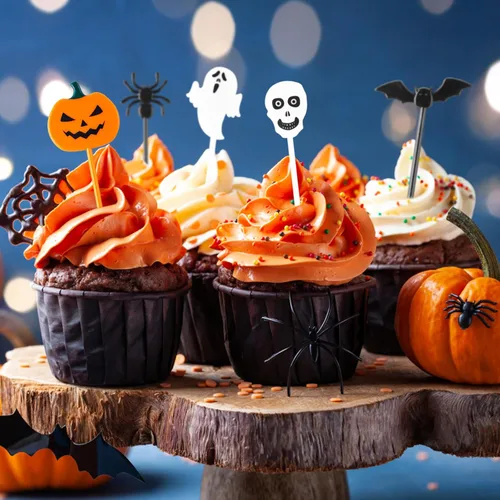 Vista 7 de GlyinnHe 50 piezas de palillos de Halloween para cupcakes, palillos de dientes de plástico para cupcakes, alimentos, cócteles, aperitivos