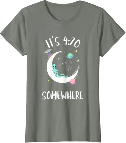 Vista 13 de Funny Weed Joint Smoking Moon Alien It's 4:20 Somewhere Camiseta, Negro, S