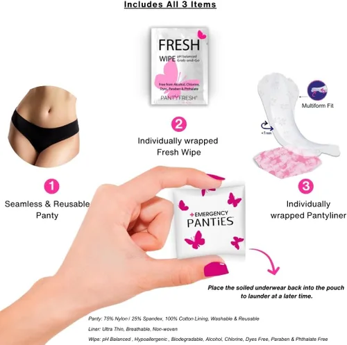 Vista 2 de Kit de bragas de emergencia 4 en 1 = ropa interior sin costuras, toallitas frescas y trazador de líneas para accidentes, kit de aseo para viajes