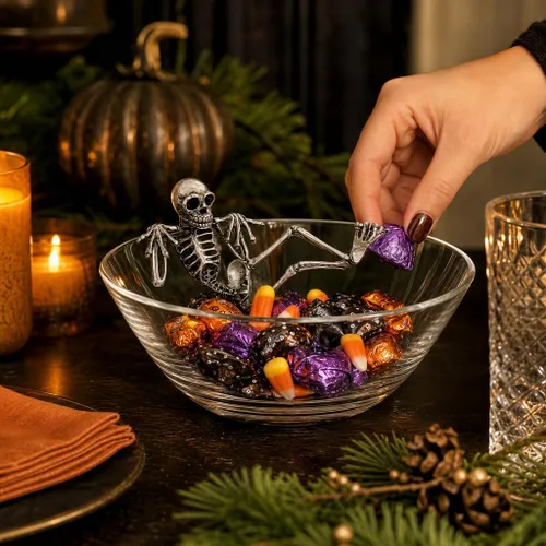 Vista 3 de Vagabond House Cuenco para dulces de esqueleto, decoración del Día de los Muertos y Halloween, vidrio soplado a mano con esqueleto de peltre, 10