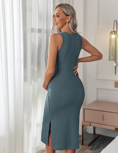 Vista 3 de Ekouaer Vestido de maternidad para mujer, de punto acanalado, sin mangas, con abertura lateral, vestido ajustado para embarazo, tallas S-XXL