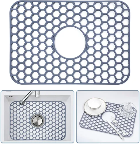 Vista 52 de Bestjing Paquete de 2 protectores de silicona para fregadero de cocina, accesorio de rejilla de cocina de 12 x 11 pulgadas, tapete antideslizante