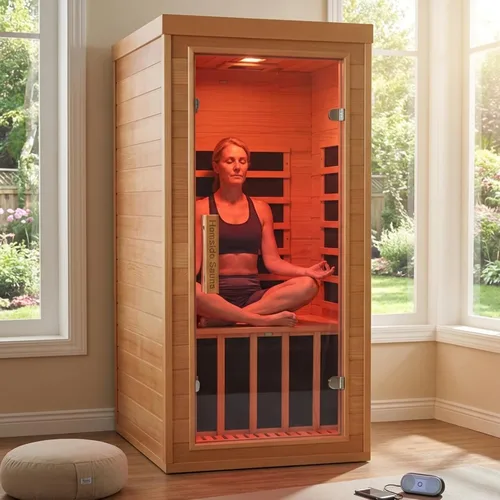 Vista 28 de Sala de sauna de infrarrojo lejano de 1350W para el hogar, sauna de madera canadiense de Hemlock de calentamiento rápido bajo EMF, luz de sauna que