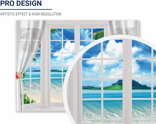 Vista 2 de Allenjoy Fondo de ventana de playa de verano de 8 x 6 pies, telón de fondo hawaiano tropical para fotografía, isla del océano, hojas de palma, Luau