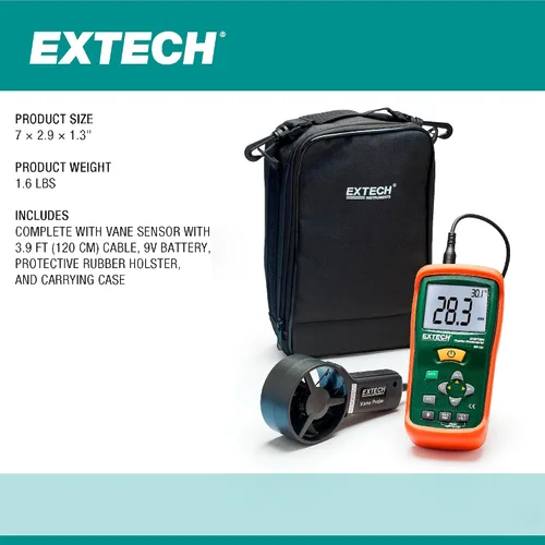 Vista 7 de Extech AN100 CFM/CMM Mini termoanemómetro, flujo de aire y velocidad Air flow CFM/CMM, air velocity, ambient temp, 20-point average, stored area