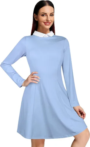 Vista 2 de CHAMA Vestido de patinadora casual de manga larga para mujer con cuello Peter Pan y acampanado
