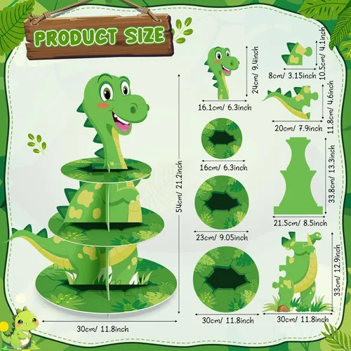 Vista 2 de Censen Soporte para cupcakes de dinosaurio de 3 niveles, decoración de fiesta con temática de dinosaurio, decoración de torre de postre