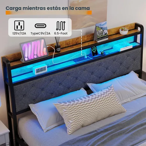Vista 5 de Winkalon Marco de cama LED completo con cabecero, base de cama con estación de carga, marco de cama de plataforma de metal, tamaño matrimonial,