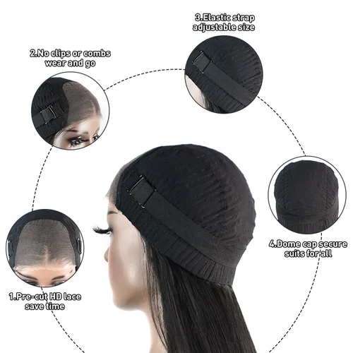 Vista 5 de Peluca Bob sin pegamento de llevar y usar cabello humano liso, 6x4 precortada con encaje HD sin pegamento, prearrancada, pelucas con cierre frontal