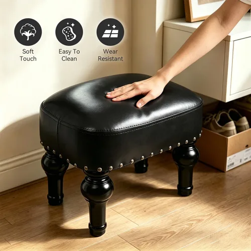 Vista 3 de Reposapiés de cuero otomano de madera, asiento rústico para pies, reposapiés de madera, reposapiés rectangular pequeño otomano para dormitorio, sala