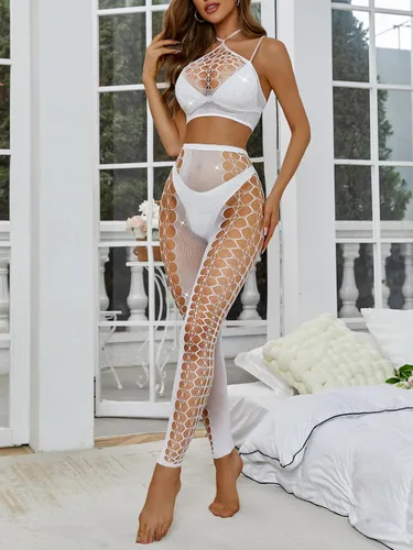 Vista 3 de SHENHE Conjunto de bralette y medias de malla con diamantes de imitación para mujer
