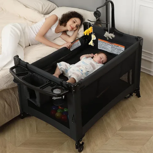 Vista 2 de Pack and Play, moisés para bebé, cama de noche, corralito de bebé con cambiador, corralito de viaje plegable para recién nacidos a niños pequeños
