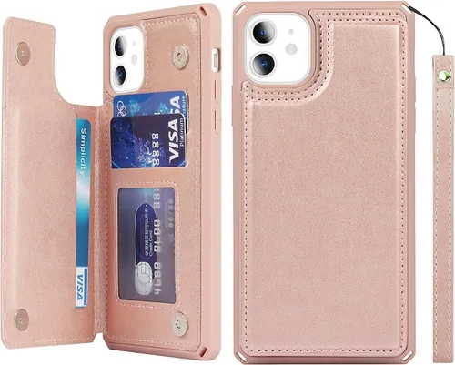 Vista 17 de iCoverCase Funda compatible con iPhone 11 con tarjetero para mujer, bloqueo RFID en relieve, piel sintética con correa de muñeca de 6.1 pulgadas