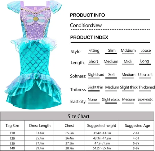 Vista 7 de ZZIHAN Vestido de sirena para niñas, disfraz de sirena con accesorios para niñas de 2 a 9 años