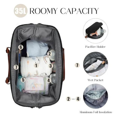 Vista 4 de printe Bolsa de pañales grande de 6 piezas con cambiador y 2 bolsas organizadas, bolsa de mamá para hospital con funda para chupete, correas, gancho