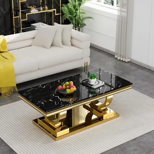 Vista 7 de SSLine Mesa de Centro Rectangular de Mármol Sintético para Sala de Estar, Mesa Central Moderna de Mármol Negro de Lujo con Base de Pedestal Dorada