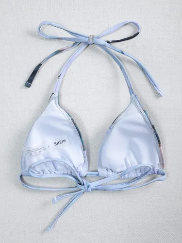 Vista 2 de OYOANGLE Bikini triangular con estampado gráfico para mujer, parte superior de traje de baño con lazo en la espalda