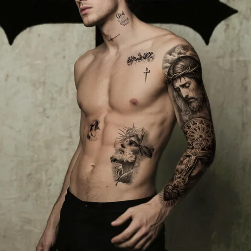 Vista 6 de Yazhiji 48 hojas de tatuajes temporales cristianos de brazo completo para adultos, tatuajes falsos de medio brazo religiosos de Jesús Cristo, cruz