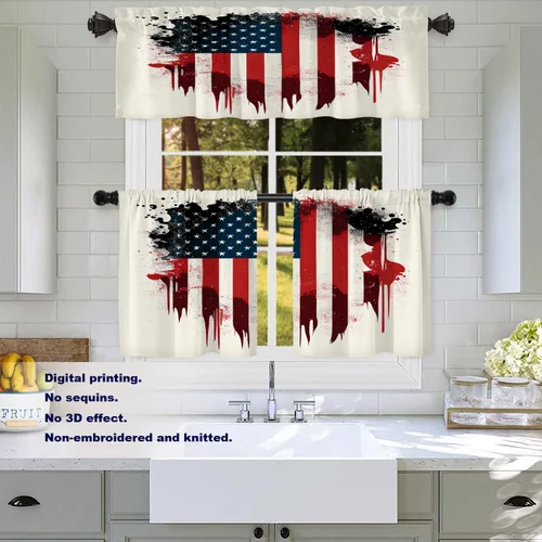 Vista 3 de Batmerry American Flag Ink Dot Blackout Tier Curtains, Red Blue White Stars Abstract Thermal Insulated Half Curtain Rod Pocket Small Valance for