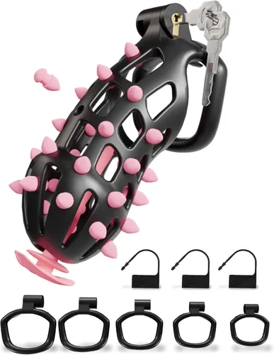 Vista 12 de Cobra Chastity Cage for Men, Invisible Lock, 5 Ball Rings (Pink, XS) Spiked cobra design, lightweight 3D printed open structure, breathable