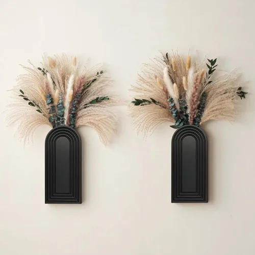Vista 8 de Juego de 2 jarrones de pared de madera con eucalipto de hierba de las pampas, decoración de pared moderna de estilo bohemio para sala de estar