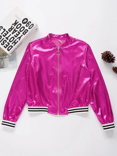 Vista 6 de Jhaoyu Chaqueta de moto metálica para niños y niñas, hip hop, jazz, danza, moderna, disfraz de fiesta de discoteca