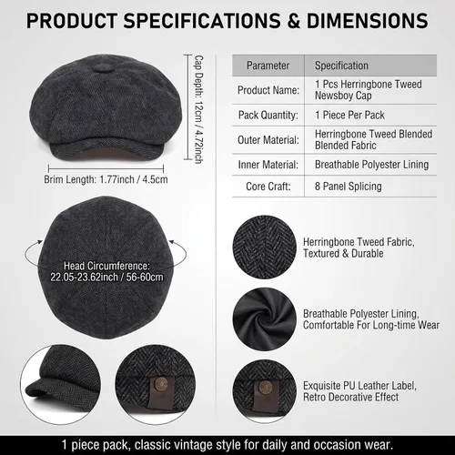 Vista 2 de Mens Classic Wool Blend 8 Panel Newsboy Flat Cap Vintage Herringbone Tweed Hat Cabbie Cap Conducción Caza Cap (negro)
