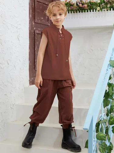 Vista 2 de Pantalones de tobillo medievales para niños, disfraz de pirata vikingo, renacentista, con cordones, con bandas cónicas, pantalones para niños