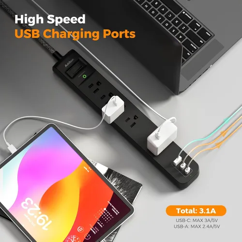 Vista 3 de Paquete de 2 Regletas Cortas con Protector de Sobretensiones - Addtam Regleta USB C, Cable de Extensión Plano de 3 pies con 5 Enchufes Ampliamente