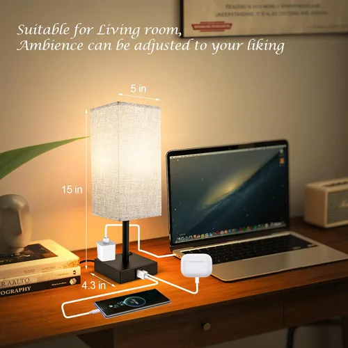 Vista 3 de Lámpara de mesa táctil para dormitorio, lámpara de noche regulable continua con puertos USB C+A y 3 temperaturas de color, luz de mesita de noche