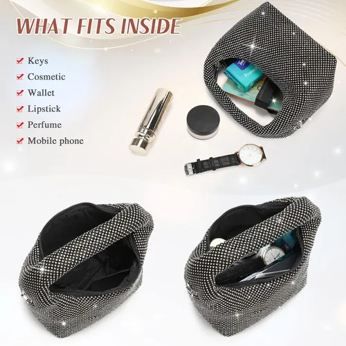 Vista 4 de Bolso de mano vintage de los años 20 con diamantes de imitación para mujer, bolso de noche con purpurina brillante, bolso pequeño de diamantes