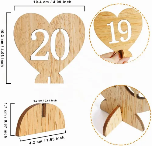 Vista 2 de Números de mesa de madera con forma de corazón del 1 al 20 con base de soporte, tarjetas de madera rústicas huecas para bodas, fiestas, decoración