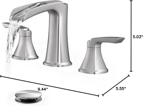 Vista 7 de Grifos de baño de níquel cepillado, grifo de cascada generalizado de latón para fregadero de baño, grifo de fregadero de baño de 3 agujeros, grifos