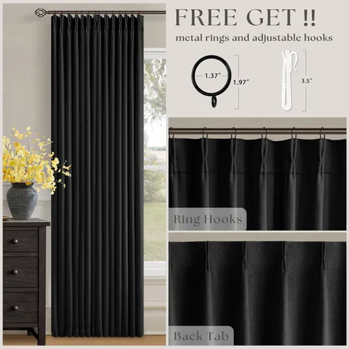 Vista 5 de Juego de 2 paneles de cortinas plisadas negras de 80 pulgadas para sala de estar, cortinas plisadas de lino con forro de 80 pulgadas de largo, 100%
