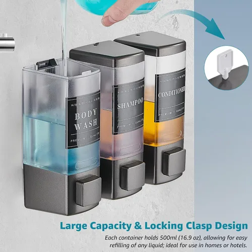 Vista 4 de Dispensador de champú y acondicionador para ducha, 3 cámaras, gris