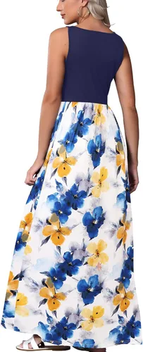 Vista 5 de Bluetime Vestido largo de verano para mujer, estilo bohemio, sin mangas, estampado floral (S-3XL)