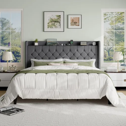 Vista 13 de SHA CERLIN Base de cama de plataforma de tamaño matrimonial con estación de carga, cabecera de lino con estante de almacenamiento, soporte