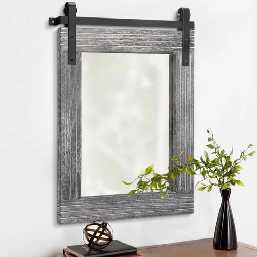 Vista 15 de AAZZKANG Espejo con marco de madera, estilo de puerta de granero, rectangular, decorativo, baño, dormitorio, tocador, decoración de pared del hogar