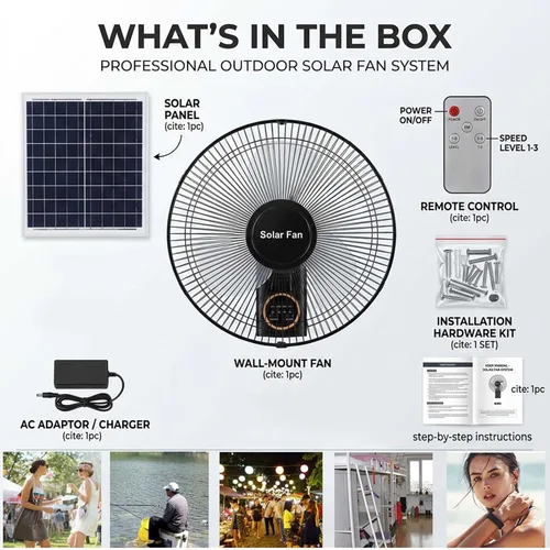 Vista 6 de Heavy Duty 16 Waterproof Solar Wall Fan - Oscillating With Remote & Timer, Adjustable 3 Speeds, Quiet For Greenhouse, Patio, Outdoor & Commercial Use