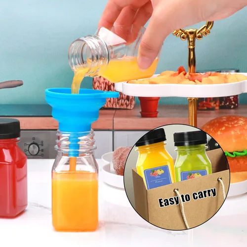 Vista 5 de Flrolove Paquete de 36 botellas de jugo de 4 onzas, botellas de plástico para jugo con tapas, recipientes vacíos transparentes con tapas para jugos