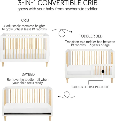 Vista 5 de Babyletto Lolly Cuna convertible 3 en 1 con kit de conversión de cama de niño pequeño , Cuna, Gris y natural lavado.
