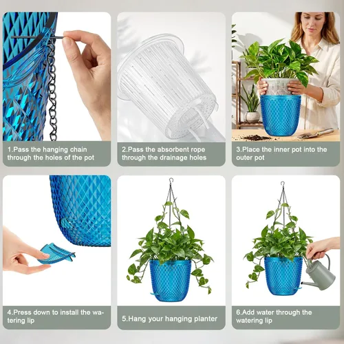 Vista 6 de QCQHDU - Macetas colgantes para plantas de interior, paquete de 2, 5.7 pulgadas, azul Klein Plástico, Autorriego, Percha de Plantas, Agujeros