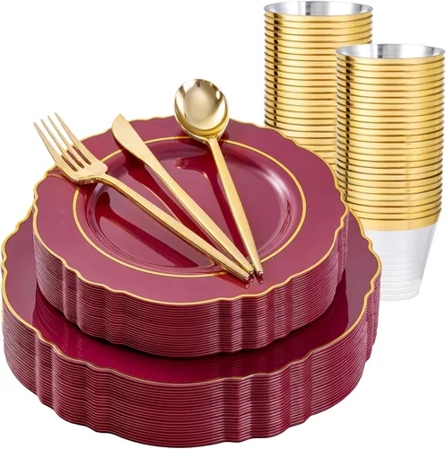 Vista 26 de Liacere 150 platos de plástico, cubiertos de plástico dorado con mango rosa, platos desechables color rosa incluyen 30 platos, tenedores, cucharas