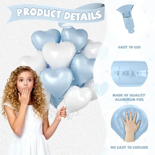 Vista 3 de Globos de corazón azul bebé, 10 piezas de globos en forma de corazón azul claro y blanco pastel, globos de papel de aluminio blanco arena crema